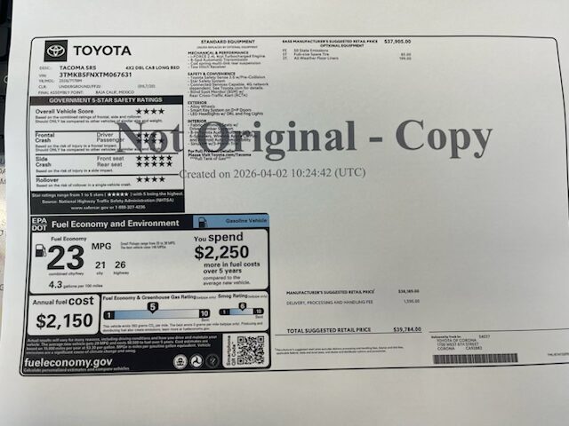 26 Tacoma Longbed MSRP