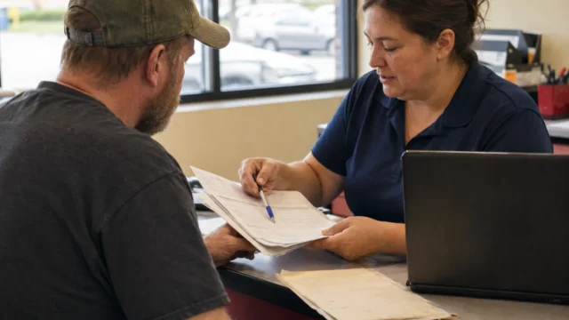 Vehicle owner reviewing title documents with a service specialist