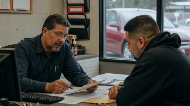 Customer reviewing vehicle registration paperwork with a service advisor