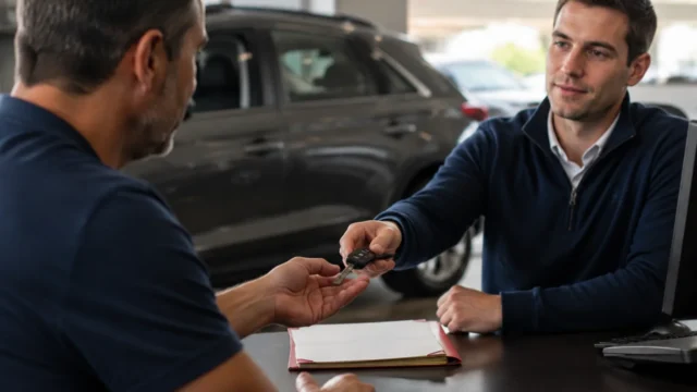 Customer receiving a vehicle key from a service advisor